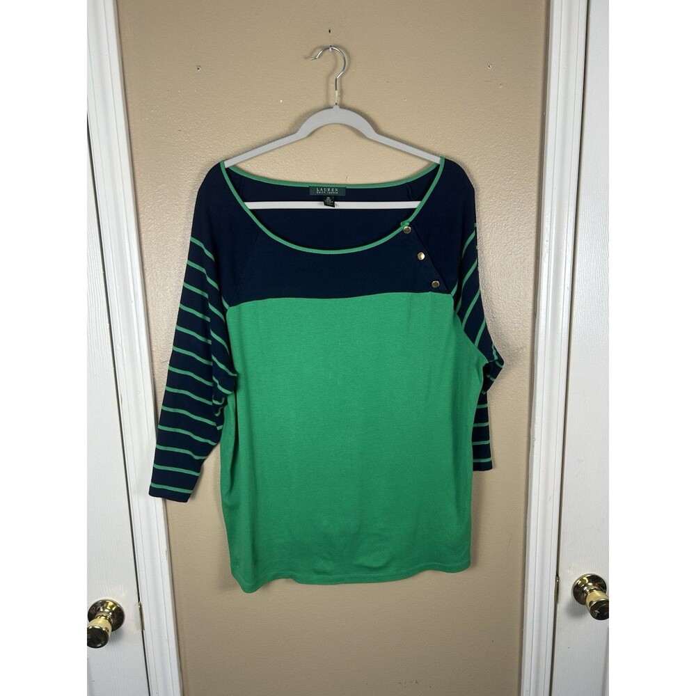 Lauren Ralph Lauren Top Woman 2X Green Navy Stripe 3/4 Sleeve Pullover Nautical